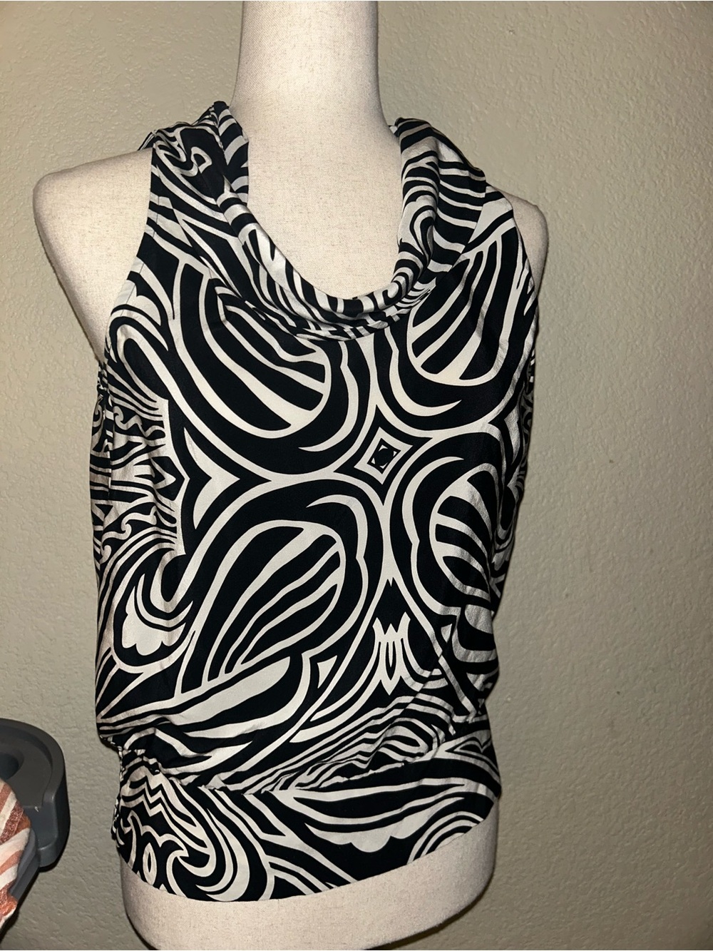 100% Silk Black & White Abstract Cowl Neck Sleeveless Business Casual Top